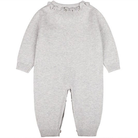 Baby Girl Solid Color Ruffle Collar Long Sleeves Knit Simple Jumpsuit
