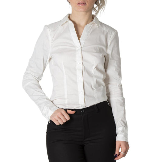 White button-up shirt worn by a person on a white background